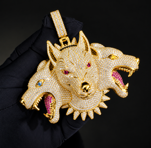 Collier pendentif loup à trois têtes de luxe, serti de moissanite, bijoux animaliers hip-hop, pendentif personnalisé - Product Image 6