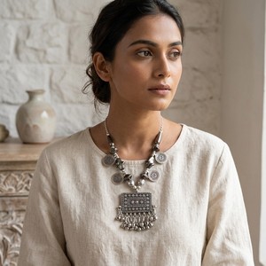 Bohemian Silver Tassel Pendant <b>Necklace</b>. Handcrafted with intricate detailing, this <b>statement</b> piece beautifully engraved - Product Image 1