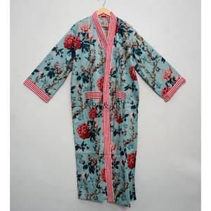 Robe Kimono en Coton pour Femme, Imprimé Bloc, Confortable, Vêtement de Nuit, Robe de Demoiselle d'Honneur, Peignoir de Plage, Robe Faite Main, Naturelle - Product Image 3