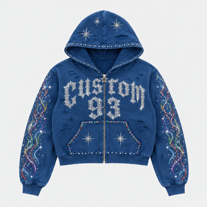 Custom Rhinestone Zip up <b>Hoodie</b> Streetwear Design Heavyweight Cotton Cropped Boxy Fit Premium Graphic Custom Logo Men <b>Hoodie</b> - Product Image 6