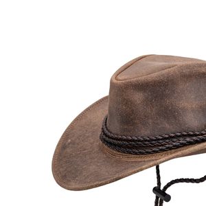 หมวกคาวบอยทรงคลาสสิกสีน้ำตาลกาแฟ ทำจากหนังกลับ ปีกกว้าง ตกแต่งด้วยหนังถักและรูร้อยเชือก - Product Image 3