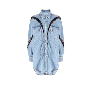 3D Split Shirt with <b>Spring</b> and Summer Lace Contrasting Color Large Silhouette Shirt Style Denim <b>Jacket</b> for <b>Women</b> - Product Image 3