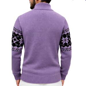 Pull pour homme violet à col zippé style Fair Isle, en tricot jacquard flocon de neige nordique, col montant, décontracté, automne, vente en gros - Product Image 2