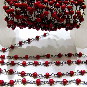 Coral Quartz Plain Smooth Round 3mm ball shape beaded <b>Wire</b> Wrapped Chain - Product Image 5