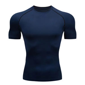 Camiseta Deportiva de Compresión para Hombre, Azul Marino, Manga Corta, Cuello Redondo, Corte Ajustado, Secado Rápido, Tejido de Poliéster - Product Image 4