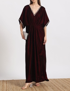 Beautiful Dubai <b>Kaftan</b> Women's Maroon Velvet With Pearl Trim V Neck Floor Length Loose Fit Modest Dress Three Quarter Sleeves - Product Image 3