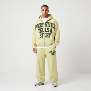 Conjunto de chándal de hombre con bordado desgastado: Sudadera con capucha de cremallera completa y pantalones de chándal jogger, conjunto holgado de forro polar pesado - Product Image 1