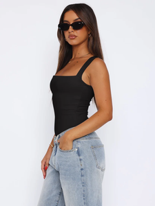 FANSTON Women's Slim-fit Square Collar Short Sleeve Anti-Pilling Elegant Knitted <b>Camisole</b> in Polyester Spandex Dobby Fabric - Product Image 2