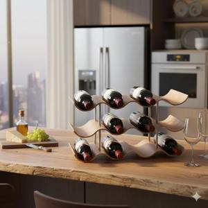 Estante para vinos de tres niveles con forma curva, de metal dorado, ideal para fiestas de cócteles y presentaciones de vinos en eventos de hotel. - Product Image 3