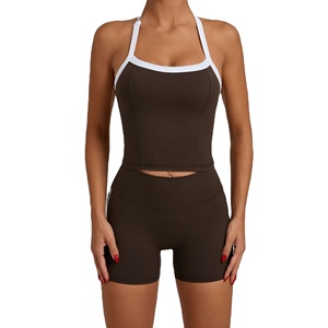 2025 nueva llegada ropa deportiva personalizada pantalones cortos de cintura alta Halter sujetador gimnasio Fitness Yoga conjuntos de Entrenamiento para mujeres - Product Image 1