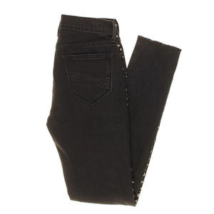 Jeans ajustados negros para mujer con adornos laterales elegantes y dobladillo sin rematar, de cintura alta, elásticos, de mezclilla perlada. - Product Image 3