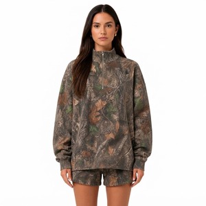 Ensemble deux pièces femme 100% coton style automne, col montant et short assorti, imprimé camouflage rose, pull tricoté à manches longues - Product Image 4