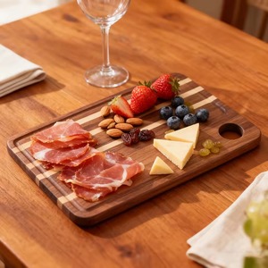 Planche à découper en bois de noyer et d'acacia bicolore avec rainure pour les jus et trou de suspension, écologique, épaisseur 1,5 cm, pour la préparation culinaire - Product Image 2