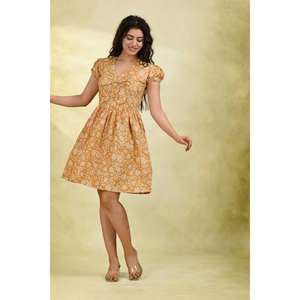 Vestido Midi Floral para Mujer, Color Amarillo Mostaza, Manga Abullonada, Ecológico, Lavable, Estilo Casual Indio con Cintura Natural - Product Image 2