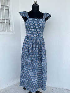 Women's Blue Floral Print Sleeveless Maxi <b>Dress</b> Square Neck Ruffle Cap Sleeves Tie Back A-Line Casual Cotton Summer <b>Dress</b> - Product Image 5