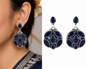 Antique <b>Silver</b> Plated Brass Statement Drop Earrings with Jade Bezel Setting Bohemian Flower Design for Women's Engagement - Product Image 1
