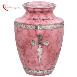 Large Pink Cremation Urn Adult Funeral Memorial Metal Urns for Human Ashes Engraved Silver Holy Cross Marble Finish Printed Jars - Product Image 1