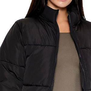 Chaqueta Acolchada Negra para Mujer, Manga Larga, Cuello Alto, Cierre de Cremallera, Ropa de Invierno, Color Sólido, Corte Corto - Product Image 4