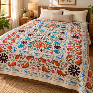 Drap de lit en coton brodé Suzani fait main de luxe, ivoire, orange, aqua, floral, paisley, bohème, ethnique indien, décoration de la maison, couvre-lit - Product Image 1