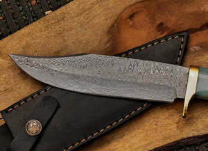 Couteau Bowie droit en acier Damas fait main A&M ENTERPRISES, manche en bois, couteau de chasse, de survie et de camping industriel. - Product Image 2