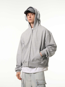 <b>Men's</b> <b>Grey</b> Hooded Zip-Up <b>Sweatshirt</b> 100% Cotton Oversized Casual Fit Solid Color French Terry Fabric Autumn Wear - Product Image 2
