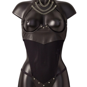 Women's Black PU Leather Bodysuit With Rivets See Through Mesh Sexy Lingerie One Piece - Product Image 4