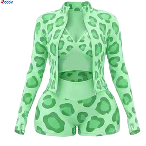 Conjunto de 3 piezas de pantalones cortos de hip hop con estampado de leopardo para mujer, chaqueta con cremallera de manga larga, sujetador y pantalones cortos de ciclista, ropa sexy para discoteca, ropa de primavera y verano - Product Image 3