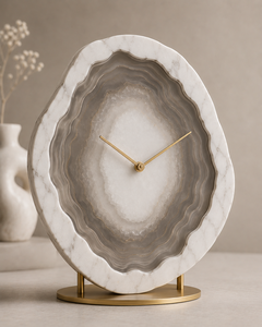 Oval Marble Desk <b>Clock</b> With Brass Stand Minimalist Design Quartz Movement Needle Display - Product Image 1