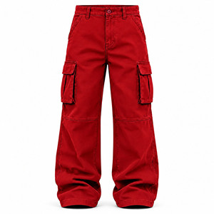 Pantalon cargo rouge à jambes larges pour homme, style streetwear, fermeture boutonnée, avec plusieurs poches - Product Image 1