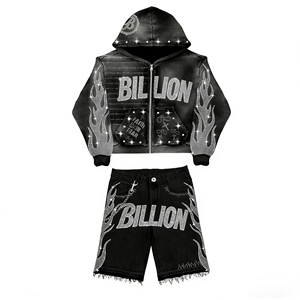 Custom Zip up <b>Jacket</b> and Shorts Set Acid Wash Vintage Zipper Tracksuits <b>Rhinestone</b> DTG Zip up Hoodie and Short Jogger Set - Product Image 1
