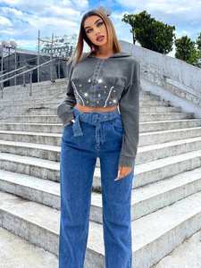 Sudadera Corta con Capucha y Encaje de Diamantes de Imitación para Mujer, de Forro Polar de Secado Rápido, Estilo Urbano, Gris, Manga Larga, Atuendo Casual y Moderno para Invierno - Product Image 4