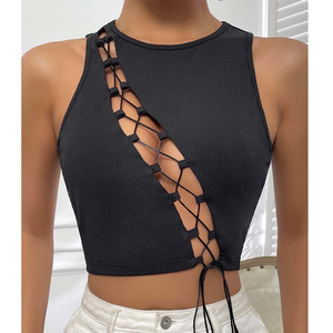 Women Knitted Solid Color Halter Neck Crop Tank <b>Top</b> Hip Hop Lace Button Ribbons Green - Product Image 2