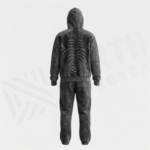 Conjunto de chándal de dos piezas para hombre, estilo vintage, oversize, con logo personalizado en puff print, sudadera con capucha y pantalón jogger con lavado ácido, ideal para gimnasio. - Product Image 2