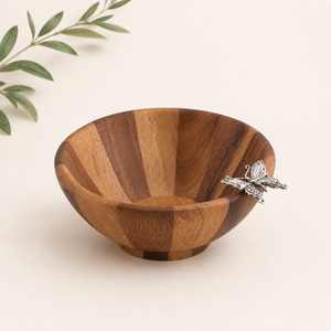 Luxury Handcrafted Acacia Wood Salad <b>Bowl</b> With Intricate Pewter Butterfly Accent <b>Large</b> Eco-Friendly Wooden Serving <b>Bowl</b> For Sale - Product Image 4