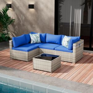 Set Divano Sezionale da Esterno a 5 Pezzi in Rattan PE Intrecciato con Tavolino in Vetro, Resistente alle Intemperie, per Balcone - Product Image 2