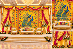 Beautiful Peacock Wedding Stage <b>Backdrop</b> for Haldi Ceremony & Sangeet Wedding Event <b>Backdrop</b> Decor Curtains Drapes USA - Product Image 2