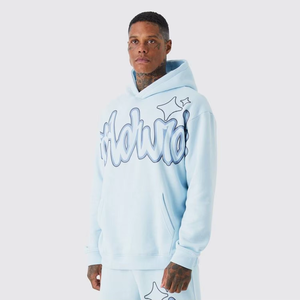 Men's Light Blue Hooded Sweatshirt and Pants Set Full Sleeve Solid Color Casual Tracksuit Loose Fit 100% Cotton Autumn Wear - Product Image 4