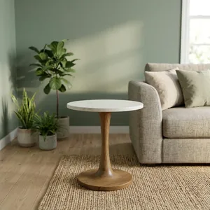 Modern Round Marble Top Coffee <b>Table</b> with Wooden Base Handmade Living Room Furniture - Product Image 3