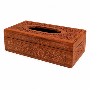 Boîte à mouchoirs en bois classique artisanale avec décorations florales sculptées, porte-mouchoirs décoratif du Rajasthan - Product Image 2