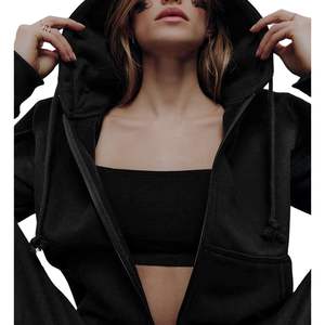 Sweat-shirt à capuche zippé noir pour femme, en molleton de coton, style streetwear décontracté, personnalisable avec logo, vente en gros OEM – Meilleures ventes - Product Image 2