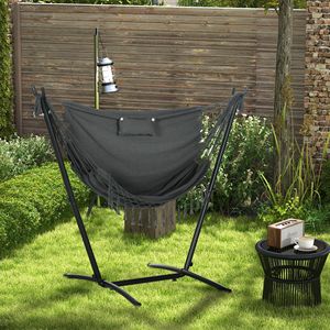 Sedia a dondolo amaca grigio scuro in vimini/metallo/tela con supporto e tasca laterale, poggiatesta per patio di hotel e uso esterno - Product Image 2