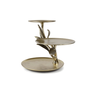 Exquisite Three-Tiered Gold Cake Stand Featuring Multiple Round Platters And An Artistic Branch Structure With Detailed Leaves - Product Image 3