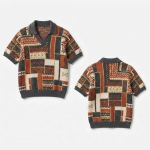 Pull en maille géométrique pour femme, col rabattu, manches courtes, décontracté, en acrylique, à bouton unique, toutes saisons - Product Image 3
