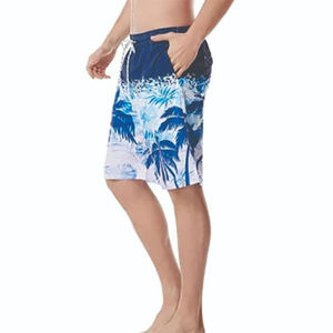 Short de bain décontracté pour homme, imprimé palmiers bleus, séchage rapide, taille à cordon de serrage, longueur Bermuda, taille mi-haute, en polyester tissé - Product Image 3