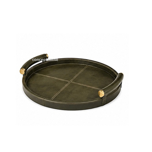 Bandeja Redonda de Cuero para Servir con Asas de Latón, Acabado Envejecido, Color Sólido, Uso Residencial - Product Image 1