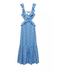 Nuevo Diseño, Vestido Maxi Personalizado con Escote Profundo en V, Espalda Descubierta, Volantes y Bordado para Mujer - Product Image 1