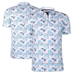 Men's Palm Tree Print <b>Polo</b> Shirt Short Sleeve Casual Woven Button Closure <b>White</b> Blue Pattern - Product Image 3