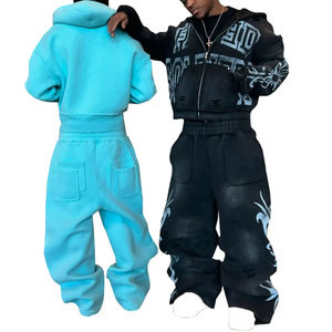 Sudadera con capucha y cremallera de alta calidad para hombre, con hombros caídos y efecto desgastado por el sol, y sudadera corta lisa de felpa 100% algodón, pantalones de chándal holgados. - Product Image 4