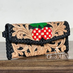 Cartera de mano de cuero genuino con estampado floral para mujer, nueva y elegante, tarjetero y monedero con diseño de cerezas para compras - Product Image 1