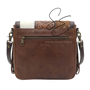 Sac bandoulière vintage en cuir véritable de vachette, style western cowgirl, avec motifs floraux gravés et franges en fourrure - Product Image 4